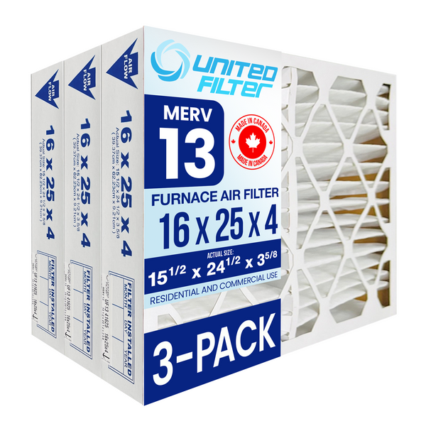 16x25x4 MERV 13 Superior Pleated Furnace Filter — Case of 3 | 4-Inch HVAC Air Filter | Made in Canada