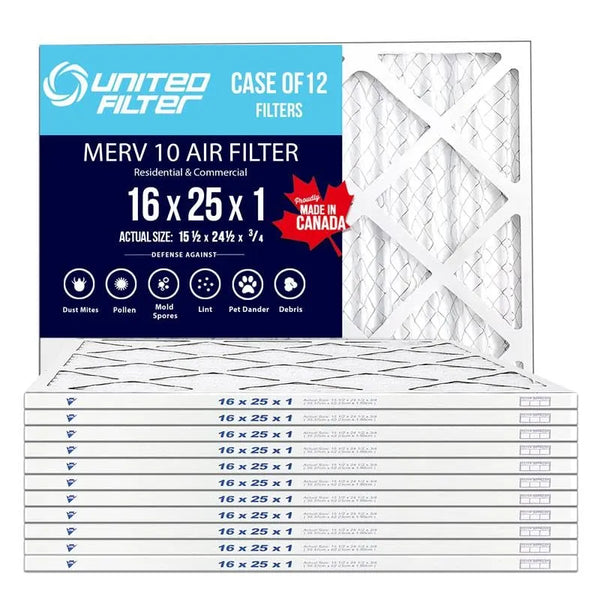 16x25x1 MERV 10 Standard Pleated Furnace Filter — Case of 12 | 1-Inch HVAC Air Filter | Made in Canada