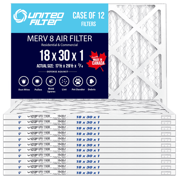 18x30x1 MERV 8 Economy Pleated Furnace Filter — Case of 12 | 1-Inch HVAC Air Filter | Made in Canada