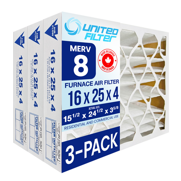 16x25x4 MERV 8 Economy Pleated Furnace Filter — Case of 3 | 4-Inch HVAC Air Filter | Made in Canada