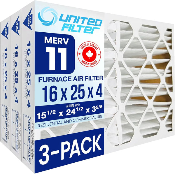 16x25x4 MERV 11 Optimal Pleated Furnace Filter — Case of 3 | 4-Inch HVAC Air Filter | Made in Canada