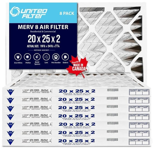 20x25x2 MERV 8 Economy Pleated Furnace Filter — Case of 8 | 2-Inch HVAC Air Filter | Made in Canada