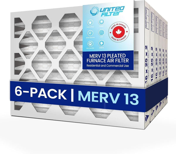 16x25x2 MERV 13 Superior Pleated Furnace Filter — Case of 6 | 2-Inch HVAC Air Filter | Made in Canada