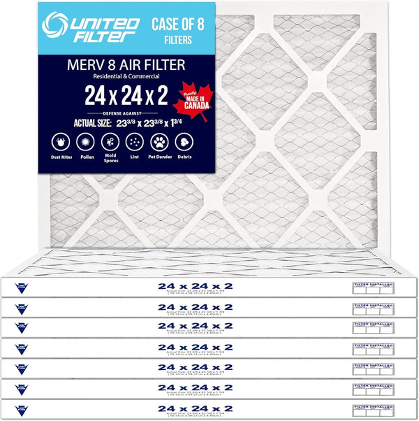 24x24x2 MERV 8 Economy Pleated Furnace Filter — Case of 8 | 2-Inch HVAC Air Filter | Made in Canada