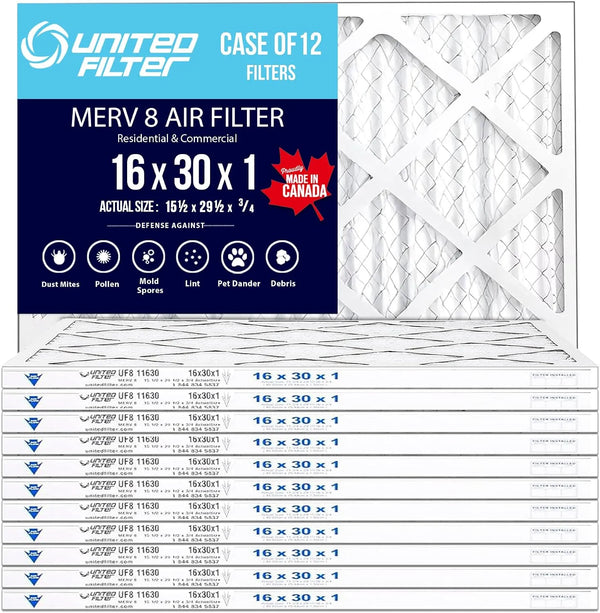 16x30x1 MERV 8 Economy Pleated Furnace Filter — Case of 12 | 1-Inch HVAC Air Filter | Made in Canada