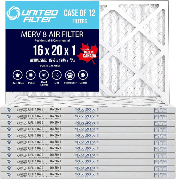 16x20x1 MERV 8 Economy Pleated Furnace Filter — Case of 12 | 1-Inch HVAC Air Filter | Made in Canada