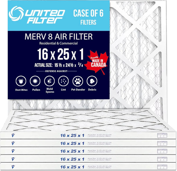 16x25x1 MERV 8 Economy Pleated Furnace Filter — Case of 6 | 1-Inch HVAC Air Filter | Made in Canada