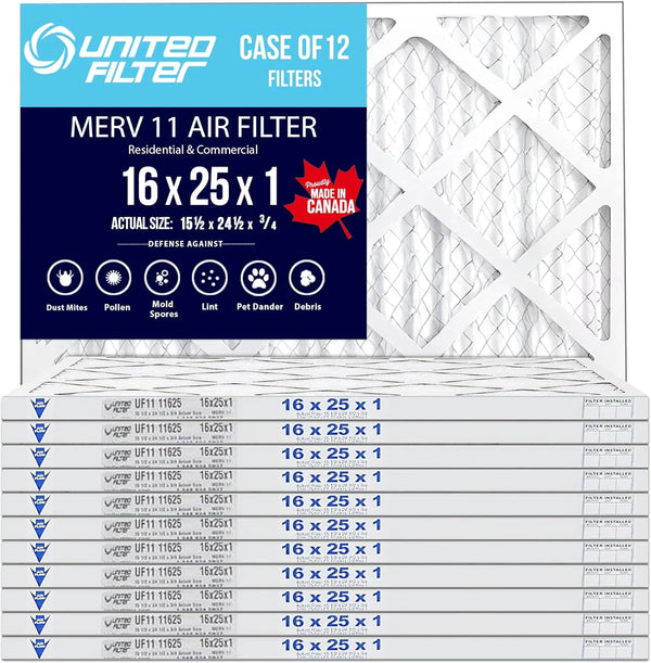 16x25x1 MERV 8 Economy Pleated Furnace Filter — Case of 12 | 1-Inch HVAC Air Filter | Made in Canada