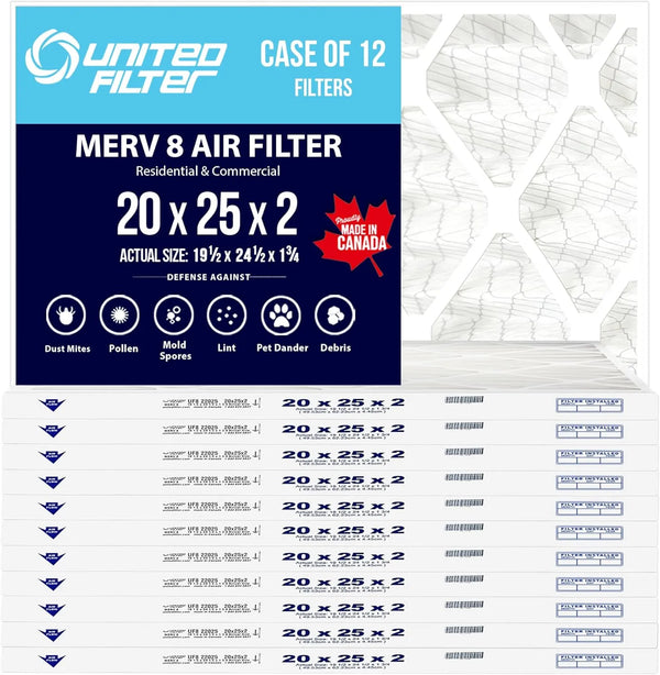 20x25x2 MERV 8 Economy Pleated Furnace Filter — Case of 6 | 2-Inch HVAC Air Filter | Made in Canada