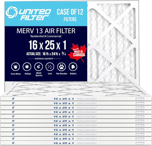 16x25x1 MERV 13 Superior Pleated Furnace Filter — Case of 12 | 1-Inch HVAC Air Filter | Made in Canada