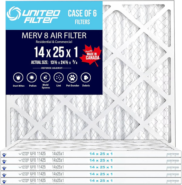 14x25x1 MERV 8 Economy Pleated Furnace Filter — Case of 12 | 1-Inch HVAC Air Filter | Made in Canada