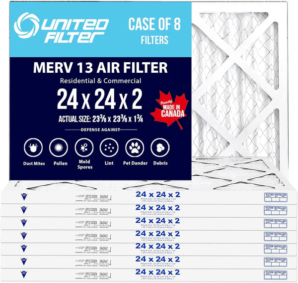 24x24x2 MERV 13 Superior Pleated Furnace Filter — Case of 8 | 2-Inch HVAC Air Filter | Made in Canada