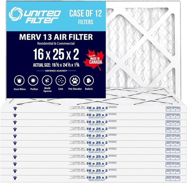 16x25x2 MERV 13 Superior Pleated Furnace Filter — Case of 12 | 2-Inch HVAC Air Filter | Made in Canada