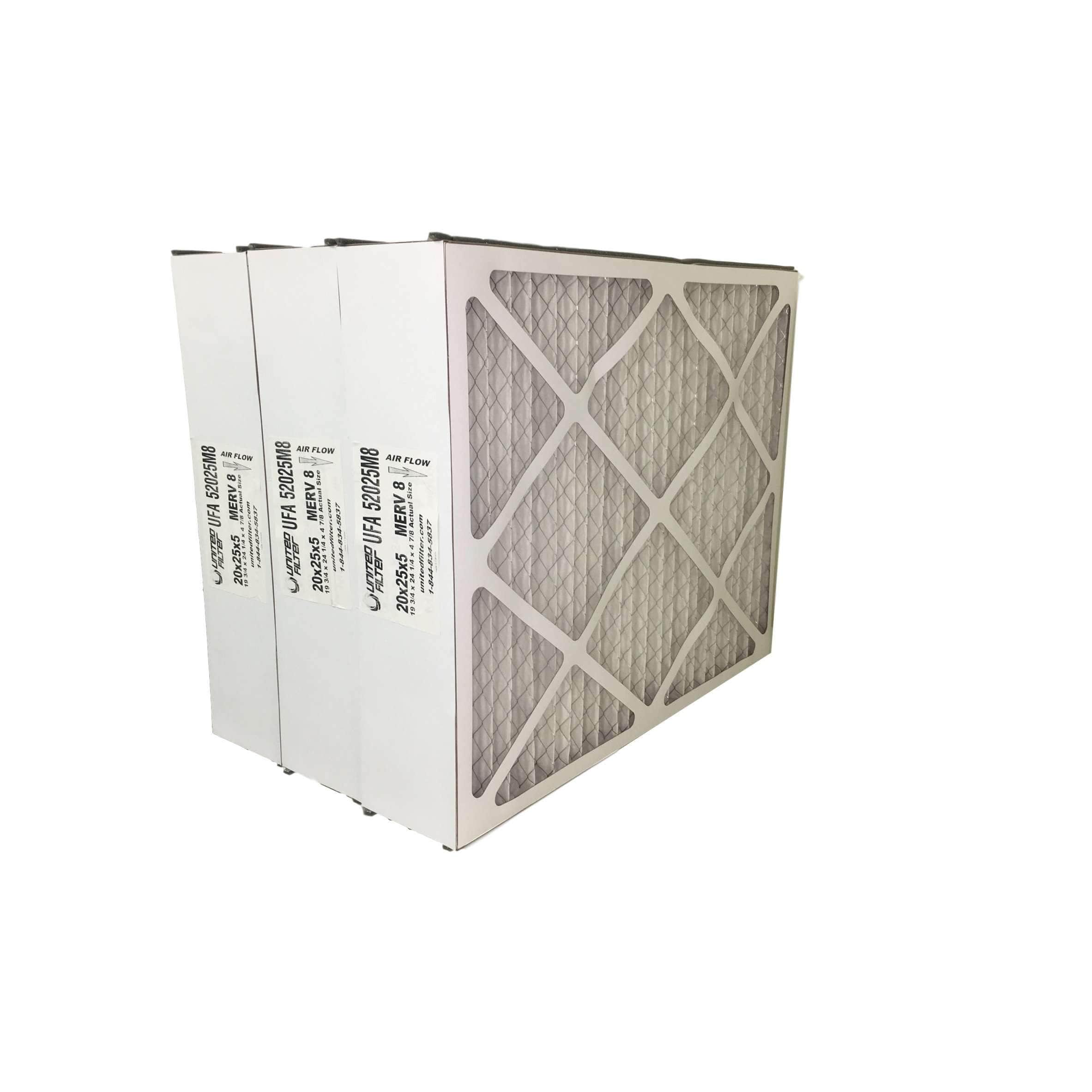 Pleated Furnace Filter 20x25x5 MERV 8 Case of 3 United Filter